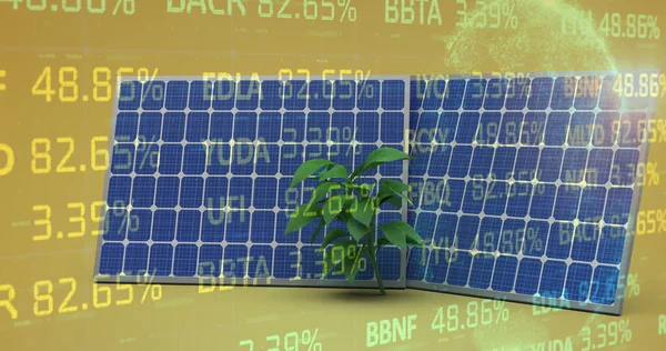 Image of stock market over solar panels and plant on yellow background. Global ecology, finances and digital interface concept digitally generated image.