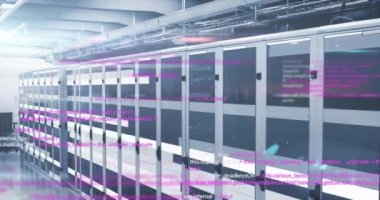 Animation of data processing against light trails over computer server room. Computer interface and business data storage technology concept