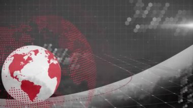 Animation of globe and financial data processing over cityscape. Global business, finances, computing and data processing concept digitally generated video.