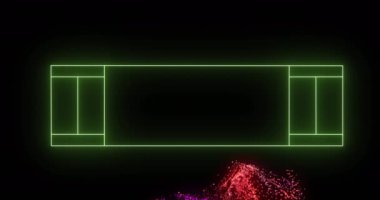 Animation of red digital wave over neon green rugby pitch layout against black background. Sports technology concept