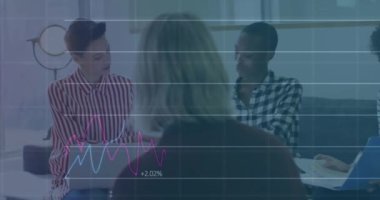 Animation of multiple graphs and numbers over diverse female coworkers discussing reports in meeting. Digital composite, multiple exposure, business, office, teamwork and communication concept.
