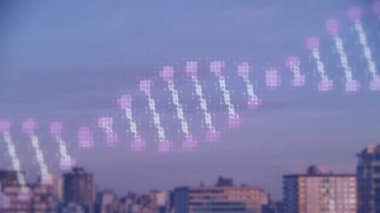 Animation of dna helix rotating over high section of buildings against clear sky. Digital composite, multiple exposure, architecture, molecule, skyline, genetic, medical, healthcare and technology.