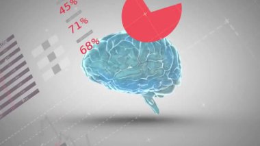 Animation of human brain and data processing over grid. Global science, business, finances, computing and data processing concept digitally generated video.
