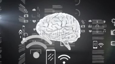 Animation of data processing over spinning human brain icon against black background. Medical research technology concept