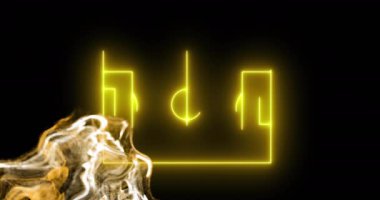 Animation of yellow glowing digital wave over neon football pitch layout against black background. Sports technology concept