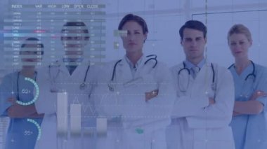 Animation of data processing over diverse doctors and health workers standing together at hospital. Medical healthcare technology concept