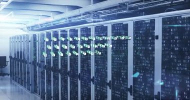 Animation of data processing against mosaic squares over computer server room. Computer interface and business data storage technology concept