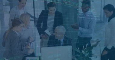Animation of financial data processing over diverse business people. Global business, finances, computing and data processing concept digitally generated video.