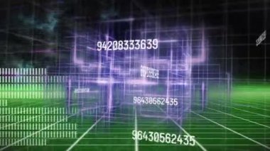 Animation of multiple changing numbers and purple light trails over green grid network. Computer interface and business technology concept