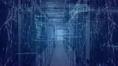 Animation of computer language and connected dots moving over network server room. Digital composite, multiple exposure, data center, networking, security, coding, futuristic and technology.