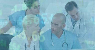 Animation of stock market data and graphs moving over caucasian doctor explaining to coworkers. Digital composite, multiple exposure, investment, report, teamwork, medical, healthcare, hospital.