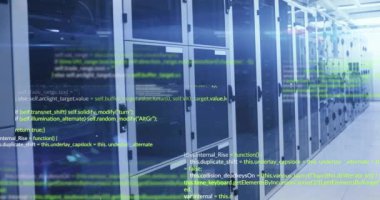 Animation of data processing against computer server room. Computer interface and business data storage technology concept