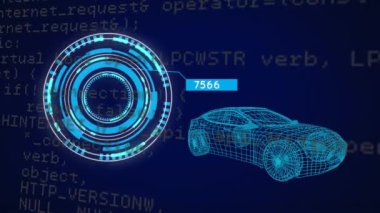 Animation of neon round scanner and data processing over 3d car model against blue background. Automobile engineering technology concept