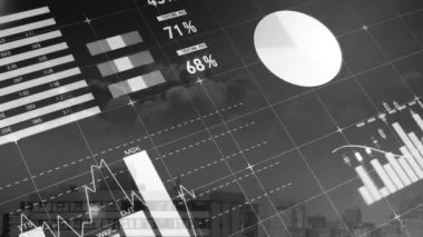 Animation of financial data processing over cityscape. Global business, finances, computing and data processing concept digitally generated video.