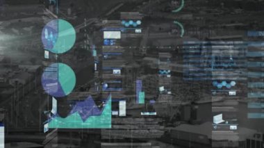 Animation of financial data processing over cityscape. Global business, finances, computing and data processing concept digitally generated video.