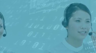 Animation of computer language, binary codes over asian agent assisting customer over call. Digital composite, multiple exposure, coding, database, call center, headset, support and technology.