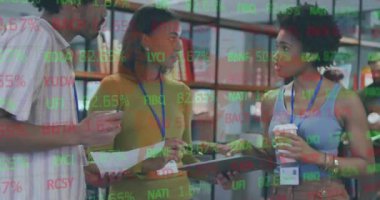 Animation of stock market data processing over diverse colleagues discussing over document at office. Global economy and business technology concept
