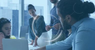 Animation of round scanner over team of diverse colleagues discussing together at office. Computer interface and business technology concept