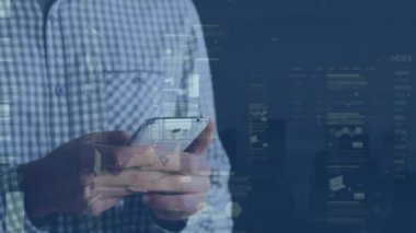 Animation of statistical data processing against mid section of a man using smartphone. Business data technology concept