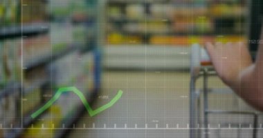 Animation of statistical data processing against hand holding a shopping cart at a grocery store. Retail business technology concept