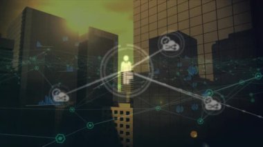 Animation of network of connections with icons over cityscape. Global business, finances, computing and data processing concept digitally generated video.