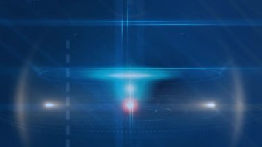 Animation of illuminated lens flares with lines and digital radar moving on blue background. Digitally generated, multiple exposure, surveillance, glowing, light, futuristic, guide and technology.