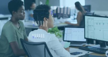 Animation of statistical data processing over two african american women discussing at office. Business data technology concept