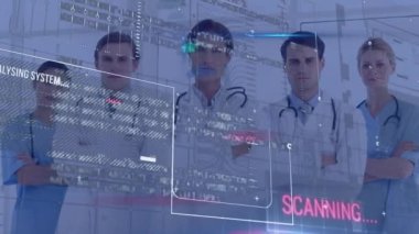 Animation of data processing over diverse doctors and health workers standing together at hospital. Medical healthcare technology concept