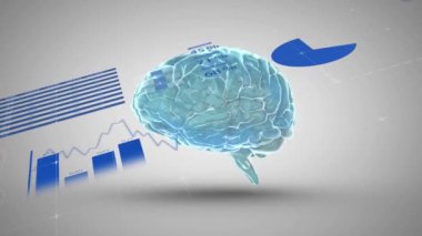 Animation of statistical data processing over spinning human brain icon against grey background. Medical research and business data technology concept