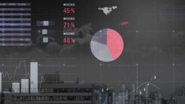 Animation of financial data processing over cityscape. Global business, finances, computing and data processing concept digitally generated video.