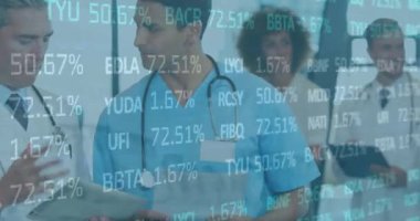 Animation of stock market data processing over two diverse male doctors discussing at hospital. Global economy and medical healthcare technology concept