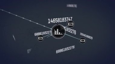 Animation of connected icons over changing numbers against dots connected with lines. Digitally generated, hologram, globalization, communication, growth, illuminated and technology concept.