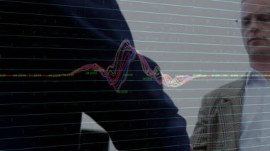 Animation of data processing over two businessmen shaking hands at the airport. Business data technology concept