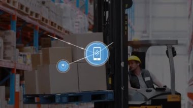 Animation of connected phone and music icons, caucasian man carrying boxes on forklift in warehouse. Digital composite, multiple exposure, transportation, technology, logistics and shipping concept.