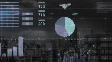 Animation of financial data processing over cityscape. Global business, finances, computing and data processing concept digitally generated video.