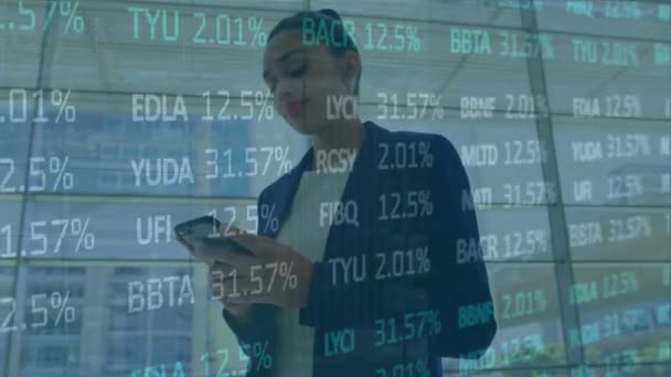 Animation Stock Market Data Processing Biracial Businesswoman Using Smartphone Office — Stockvideo