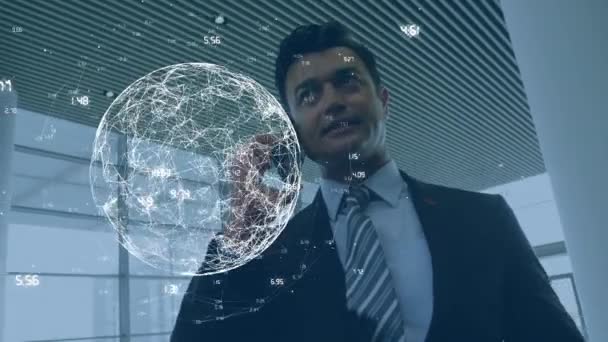 Animation Numbers Rotating Globe Caucasian Man Talking Smartphone Office Digital — Stock videók