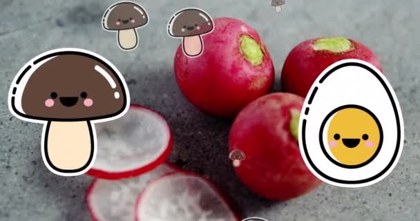 Video Happy Food Icons Falling Radish Vegan Food Fresh Fruit — Stockvideo