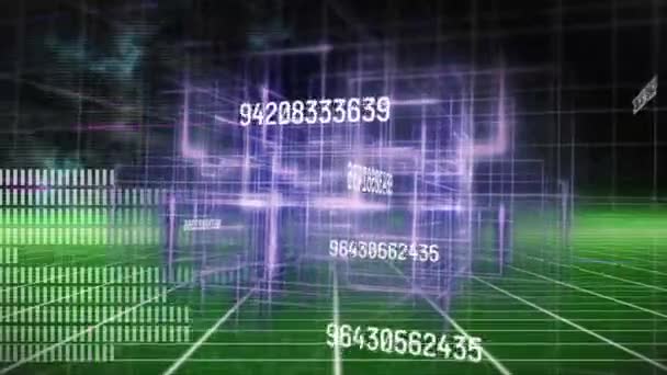 Animation Multiple Changing Numbers Purple Light Trails Green Grid Network — Vídeo de Stock