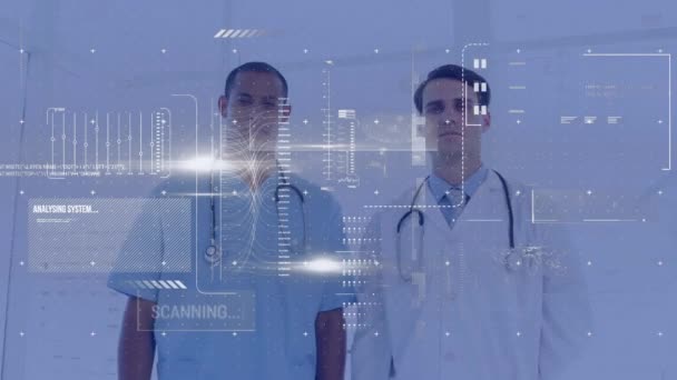 Animation Data Processing Two Diverse Male Doctors Standing Together Hospital — Stock video