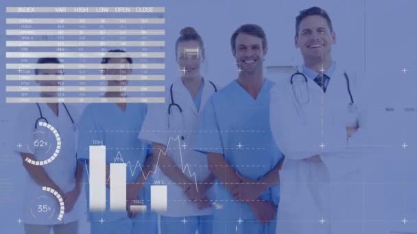 Animation Data Processing Diverse Doctors Health Workers Smiling Together Hospital — Stock Video