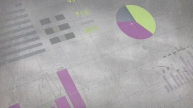 Animation of statistics and financial data processing over grid. Global business, finances, computing and data processing concept digitally generated video.