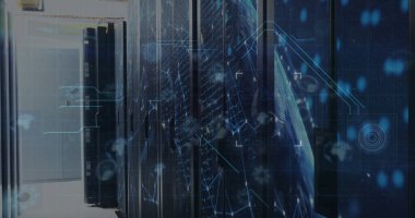 Composition of network of connections with spots and globe over server room. Global technology and data processing concept digitally generated image.