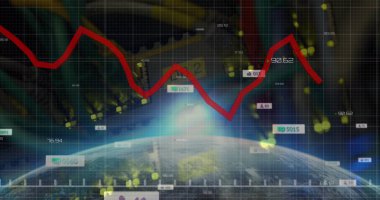Composition of data processing with media icons and globe over server room. Global business and digital interface concept digitally generated image.