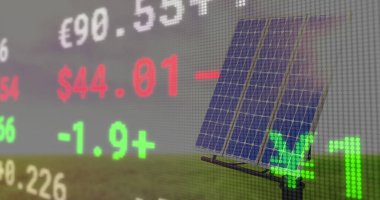 Composition of stock market over clouds and solar panels. Global business, ecology and digital interface concept digitally generated image.