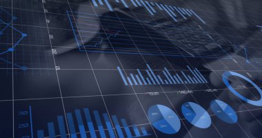 Composition of data processing over man paying with credit card over payment terminal. Global online shopping, business, finance, computing and data processing concept digitally generated image.