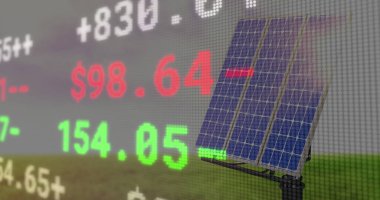 Composition of stock market over clouds and solar panels. Global business, ecology and digital interface concept digitally generated image.