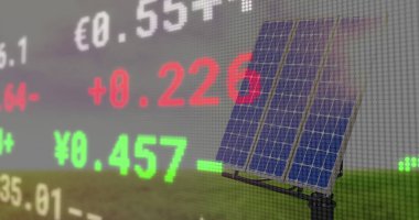 Composition of stock market over clouds and solar panels. Global business, ecology and digital interface concept digitally generated image.