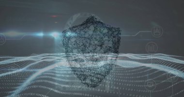 Composition of data processing with shield icon on black background. Global technology, online security and digital interface concept digitally generated image.