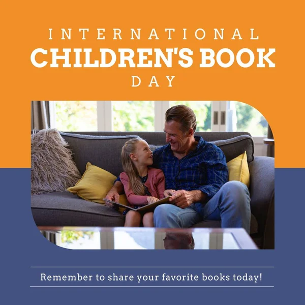 Composition of international children\'s book day text with caucasian grandfather and granddaughter. International childrens\'s book day concept digitally generated image.